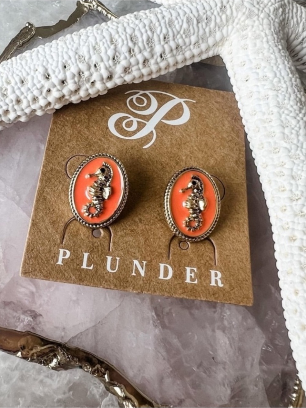Plunder Coral Seahorse Stud Earrings